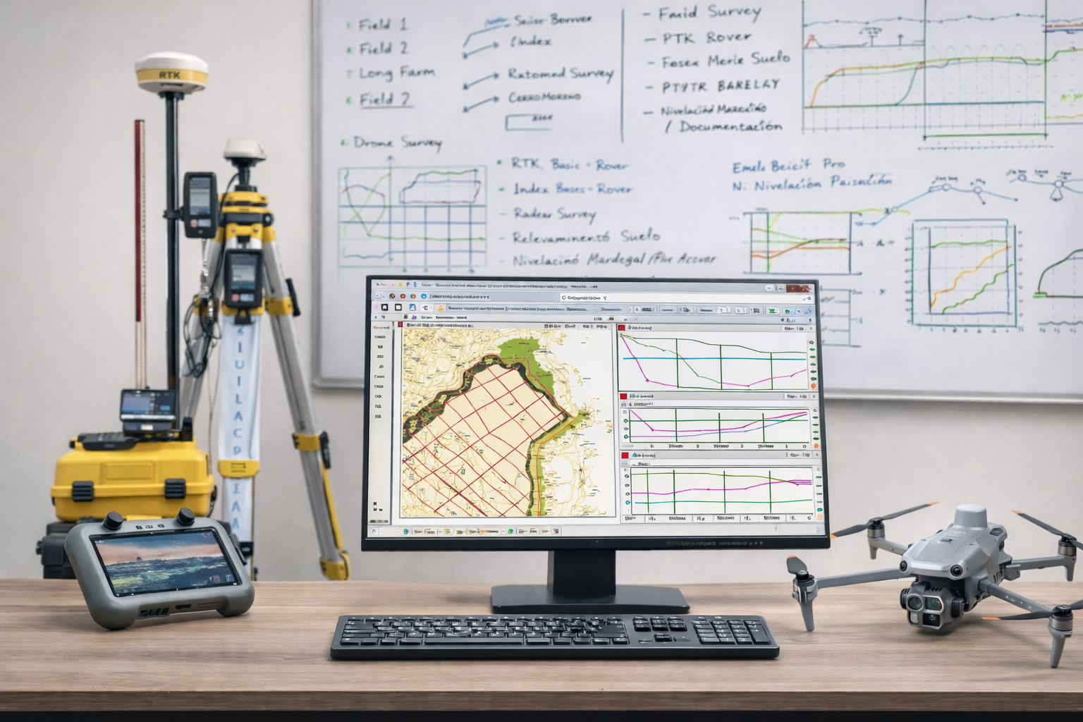 Topografía con GNSS, rover, base y dron